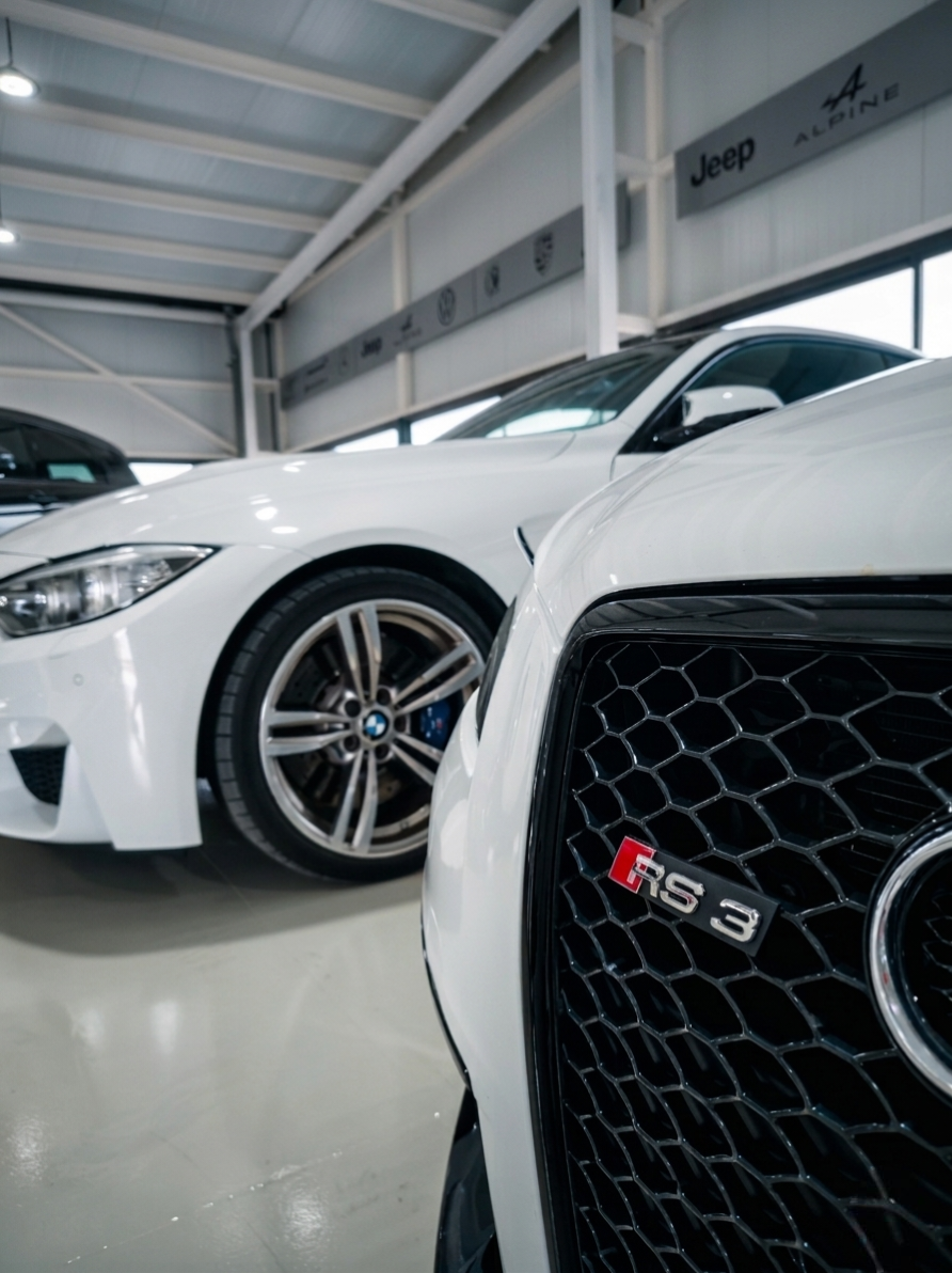 BMW M y Audi RS3 en el showroom