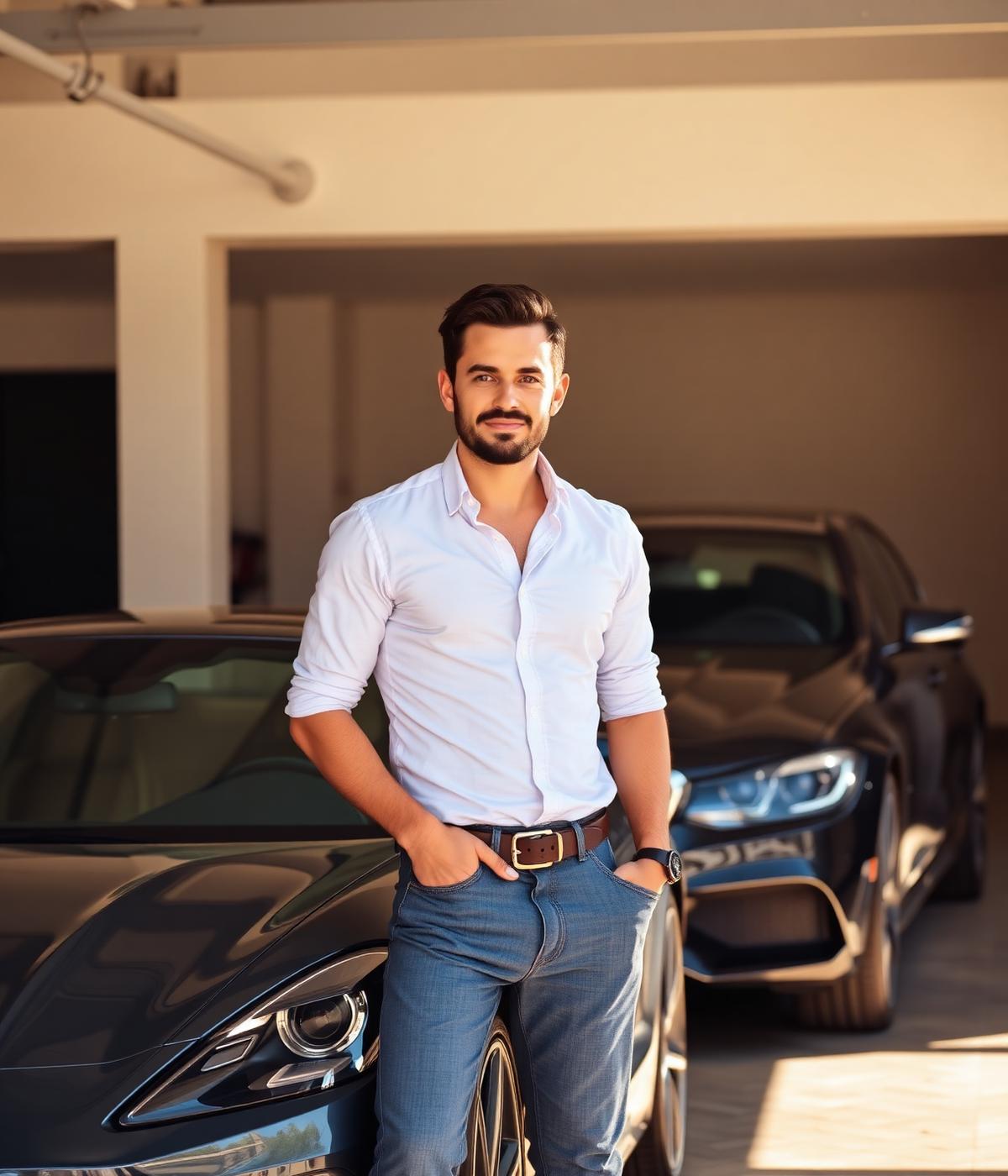 El dueño del negocio junto a uno de los coches